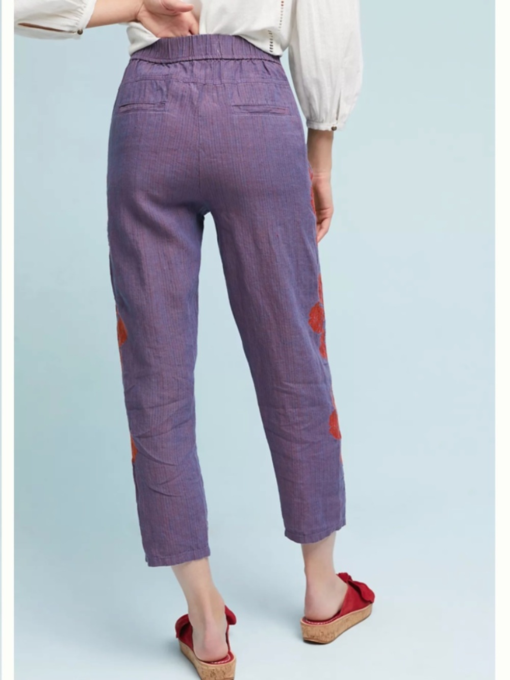 by Anthropologie Linen Floral Embroidered High Rise Relaxed Pants Size MP - Picture 3 of 10